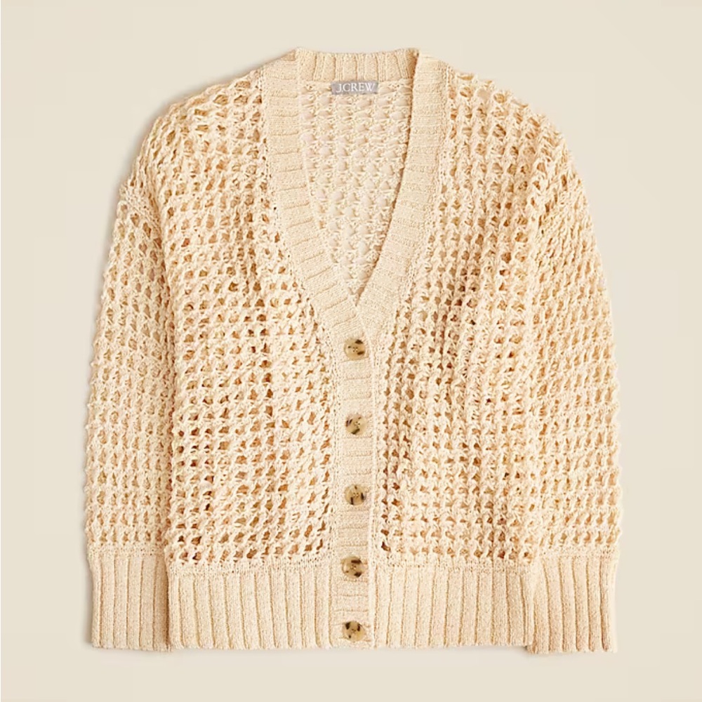 J. Crew Open-Knit Cream V-Neck Button Cardigan